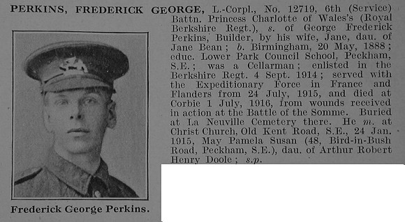 Perkins F G L/Cpl 6th Royal Berkshire Regiment Obit De Ruvignys Roll Of Honour Vol 3