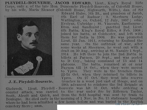 Pleydell-Bouverie J E Lt 2nd King's Royal Rifle Corps Obituary De Ruvignys Roll Of Honour Vol 1