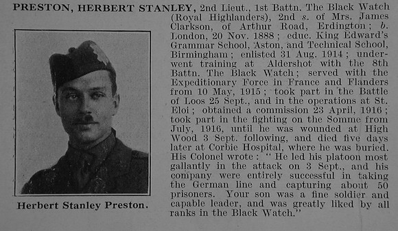 Preston H S 2nd Lt 1st Black Watch Obit De Ruvignys Roll Of Honour Vol 3