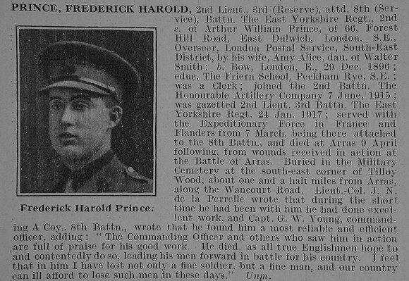 Prince F H 2nd Lt 3rd Attd 8th East Yorkshire Regiment Obit De Ruvignys Roll Of Honour Vol 3