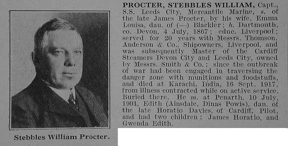 Procter S W Captain SS Leeds City Mercantile Marine Obit De Ruvignys Roll Of Honour Vol 3