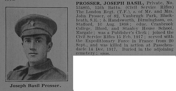 Prosser J B Pte 15th London Regiment Obit De Ruvignys Roll Of Honour Vol 3