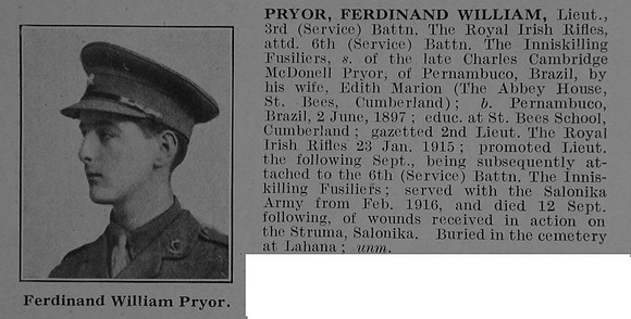 Pryor F W Lt 3rd Royal Irish Rifles Attd 6th Royal Inniskilling Fusiliers Obit De Ruvignys Roll Of Honour Vol 3