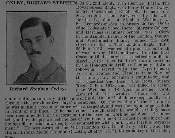 Oxley R S 2nd Lt MC 13th Royal Sussex Regiment Obit De Ruvignys Roll Of Honour Vol 4