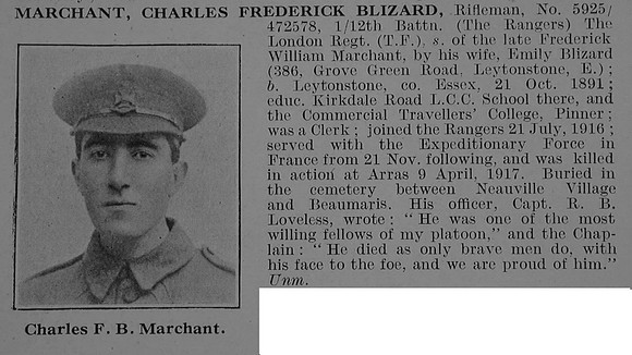 Marchant C F B Rfn 12th London Regiment Obit De Ruvignys Roll Of Honour Vol 3