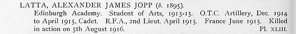 Latta A J J 2nd Lt Royal Field Artillery Obit