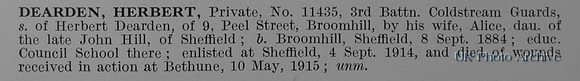 Dearden H Pte 11435 3rd Coldstream Guards Obit