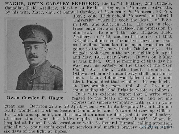 Hague O C F Lt Canadian Field Artillery Obit