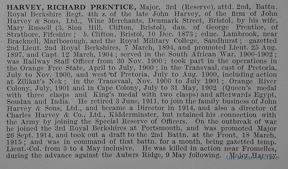 Harvey R P Major 2nd Royal Berkshire Regiment Obit Part 1