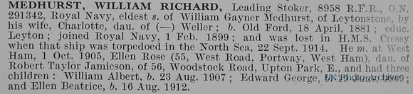 Medhurst W R Leading Stoker 291342 HMS Cressy Royal Navy Obit