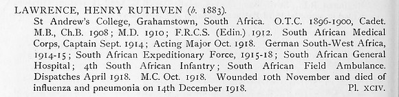 Lawrence H R Major MC South African Medical Corps Obit