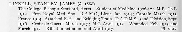 Linzell S J Captain MC Croix de Guerre Royal Army Medical Corps Obit