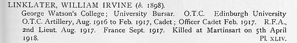 Linklater W I 2nd Lt Royal Field Artillery Obit