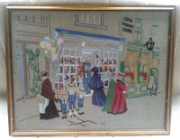 Vintage Framed Embroidered Picture/Panel Victorian Toy Shop And Hotel