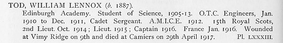 Tod W L Captain 15th Royal Scots Obit