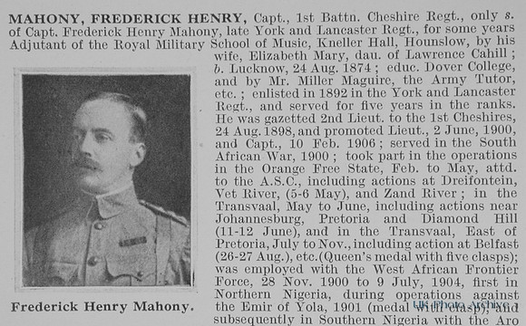 Mahony F H Captain 1st Cheshire Regiment Obit Part 1