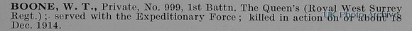 Boone W T Pte 999 1st Queens Royal West Surrey Regiment