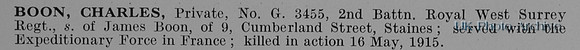 Boon C Pte G3455 2nd Royal West Surrey Regiment