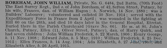 Boreham  J W Pte G6484 2nd East Surrey Regiment