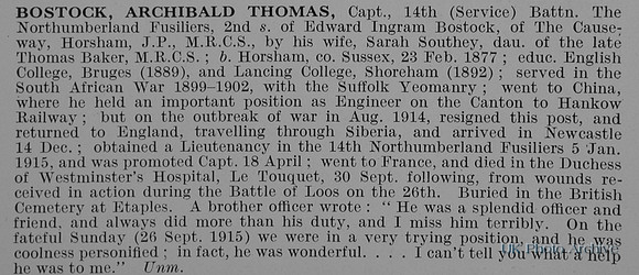 Bostock A T Captain 14th Northumberland Fusiliers