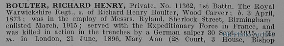 Boulter R H Pte 11362 1st Royal Warwickshire Regiment Obit Part 1