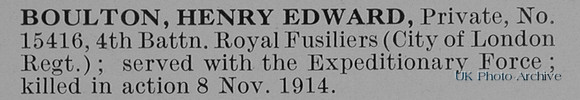 Boulton H E Pte 15416 4th Royal Fusiliers