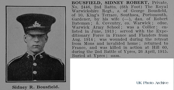 Bousfield S R Pte 2446 2nd Royal Warwickshire Regiment Obit