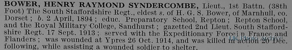 Bower H R S Lt 1st South Staffs Regiment