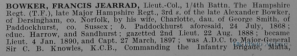 Bowker F J Lt Col 4th Hampshire Regiment Obit Part 1
