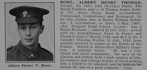 Bowl A H T Pte 1655 10th Royal Fusiliers Obit