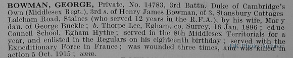 Bowman G Pte 14783 3rd Middlesex Regiment