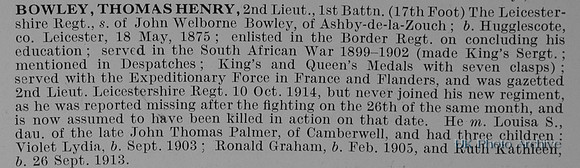 Bowley T H 2nd Lt 1st Leicestershire Regiment