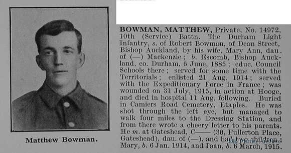 Bowman M Pte 14972 10th Durham Light Infantry Obit