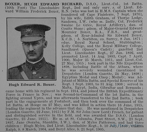 Boxer H E R Lt Col DSO 1st Lincolnshire Regiment Obit