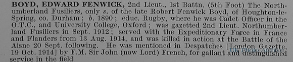 Boyd E F 2nd Lt 1st Northumberland Fusiliers