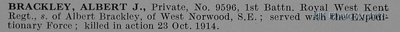Brackley A J Pte 9596 1st Royal West Kent Regiment