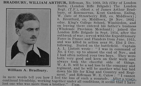 Bradbury W A Rfn 1069 5th London Regiment (London Rifle Brigade) Obit