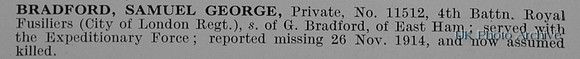 Bradford S G Pte 11512 4th Royal Fusiliers