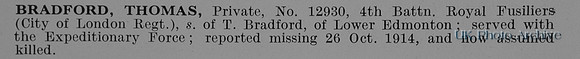 Bradford T Pte 12930 4th Royal Fusiliers