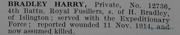 Bradley H Pte 12736 4th Royal Fusiliers