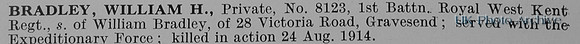 Bradley W H Pte 8123 1st Royal West Kent Regiment