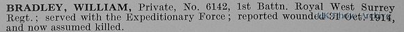 Bradley W Pte 6142 1st Queens Royal West Surrey Regiment