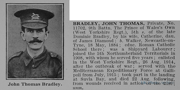 Bradley J T Pte 11702 9th West Yorkshire Regiment Obit