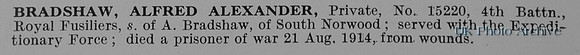 Bradshaw A A Pte 15220 4th Royal Fusiliers