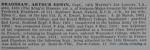 Bradshaw A E Captain Indian Army Attd 15th Hussars