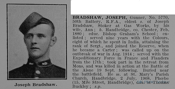 Bradshaw J Gnr 5770 Royal Field Artillery Obit
