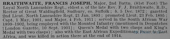 Braithwaite F J Major 2nd Loyal North Lancs Regiment
