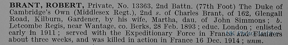 Brant R Pte 13363 2nd Middlesex Regiment