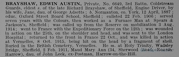 Brayshaw E A Pte 6649 3rd Coldstream Guards