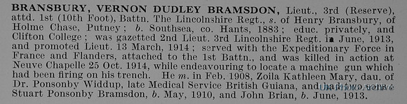 Bransbury V D B Lt 1st Lincolnshire Regiment